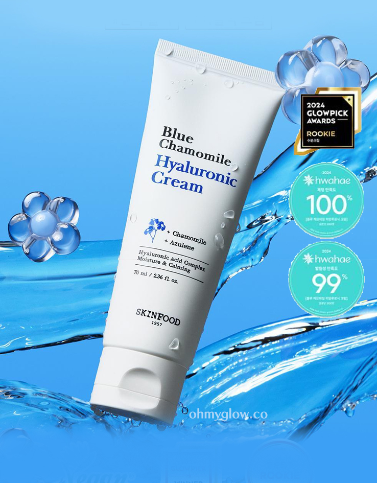GlowPick🏆 韓國Skinfood Blue Chamomile Hyaluronic Cream 藍甘菊透明質酸高效水潤水凝保濕面霜 - 70ml