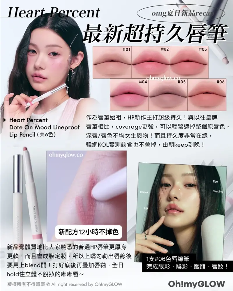 OMG 8月盛夏新品情報vol.2 RECAP 精選新品 員瑛嘟嘟唇釉+韓妹必備唇線筆+原生好氣息胭脂+PRDN水光肌護膚 omg夏日新品recap Heart Percent 最新超持久唇筆 Heart Percent Dote On Mood Lineproof Lip Pencil(共6色)