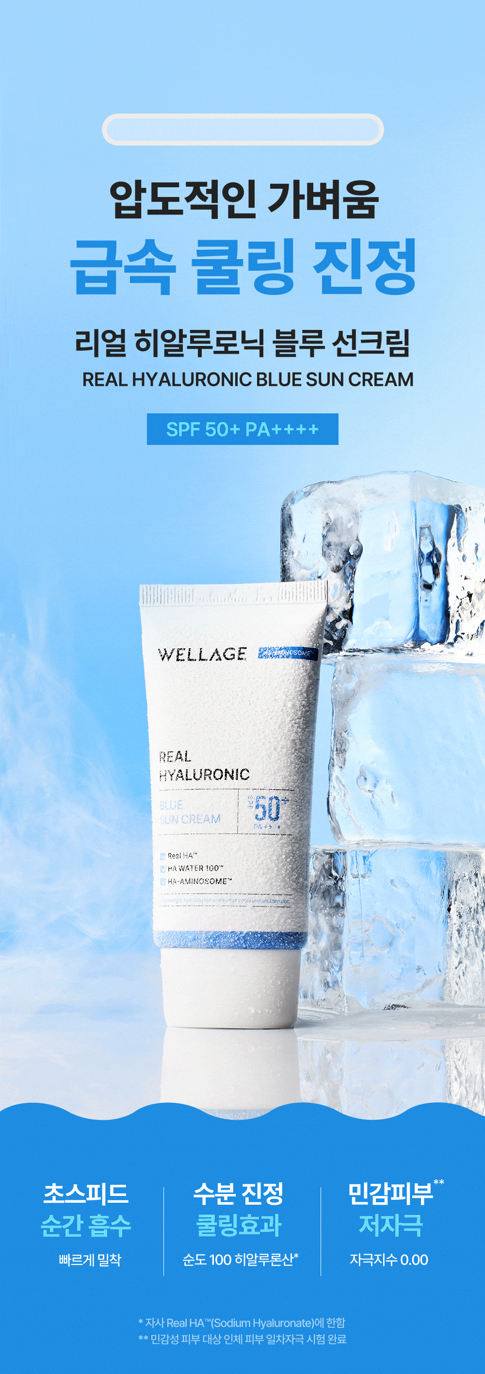 韓國 GlowPick🏆 Wellage Real Hyaluronic Blue Sunscreen 高效水潤透明質酸降溫保濕防曬霜SPF50+ PA++++ - 50ml