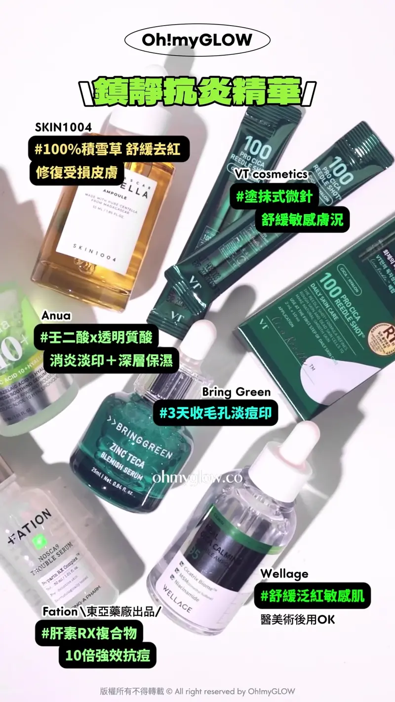 OY&藥房熱賣 保母級抗痘痘清單 暗瘡粉刺肌請留步 鎮靜抗炎精華 SKIN1004 #100%積雪草 舒緩去紅 修復受損皮膚 VT cosmetics #塗抹式微針 舒緩敏感膚況 Anua #壬二酸x透明質酸 消炎淡印＋深層保濕 Bring Green #3天收毛孔淡痘印 Fation 東亞藥廠出品 #肝素RX複合物 10倍強效抗痘 Wellage #舒纋泛紅敏感肌 醫美術後用OK