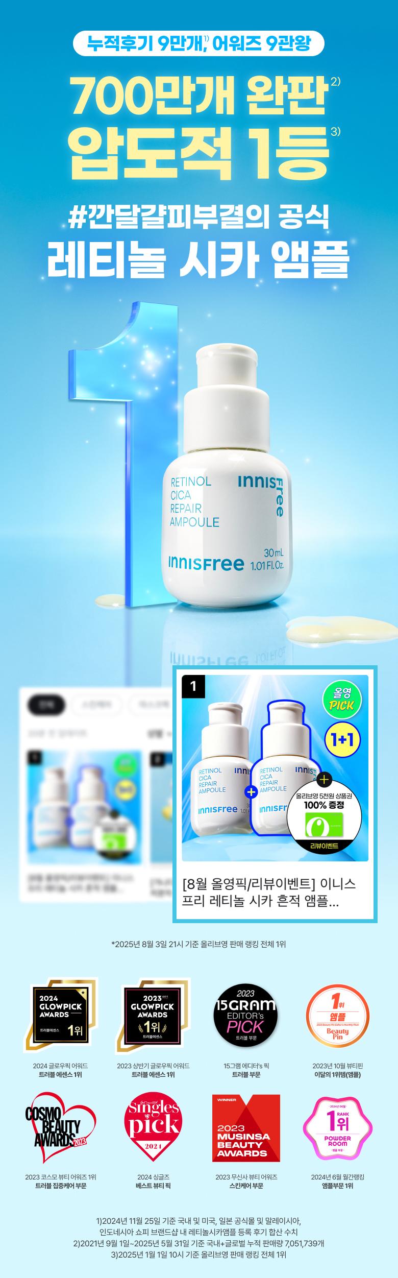 \1+1超值套裝/ 韓國 innisfree Retinol Cica Repair Ampoule Set 95%維A視黃醇積雪草修復收毛孔淡痘印安瓶精華 - 30ml x 2