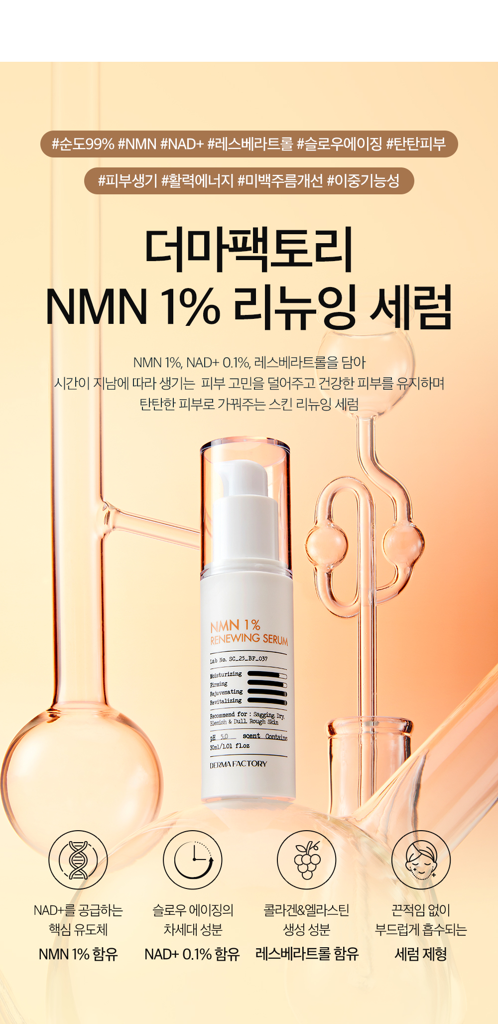 韓國 DERMA FACTORY NMN 1% RENEWING SERUM 科研成份NMN 1% X白藜蘆醇 多功能抗老再生精華 - 30ml