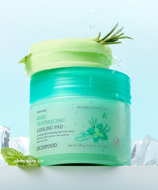 針對極油肌～韓國 Skinfood Basil Teatreecinic Cooling Pad 羅勒茶樹水潤控油冰涼降溫爽膚棉片 - 70片裝