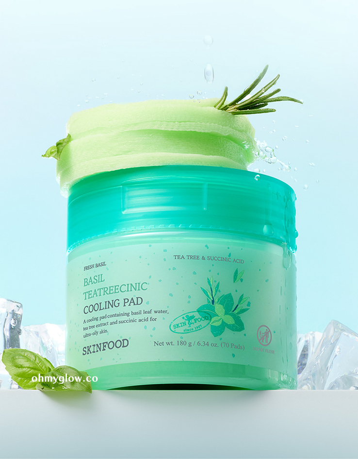 針對極油肌～韓國 Skinfood Basil Teatreecinic Cooling Pad 羅勒茶樹水潤控油冰涼降溫爽膚棉片 - 70片裝
