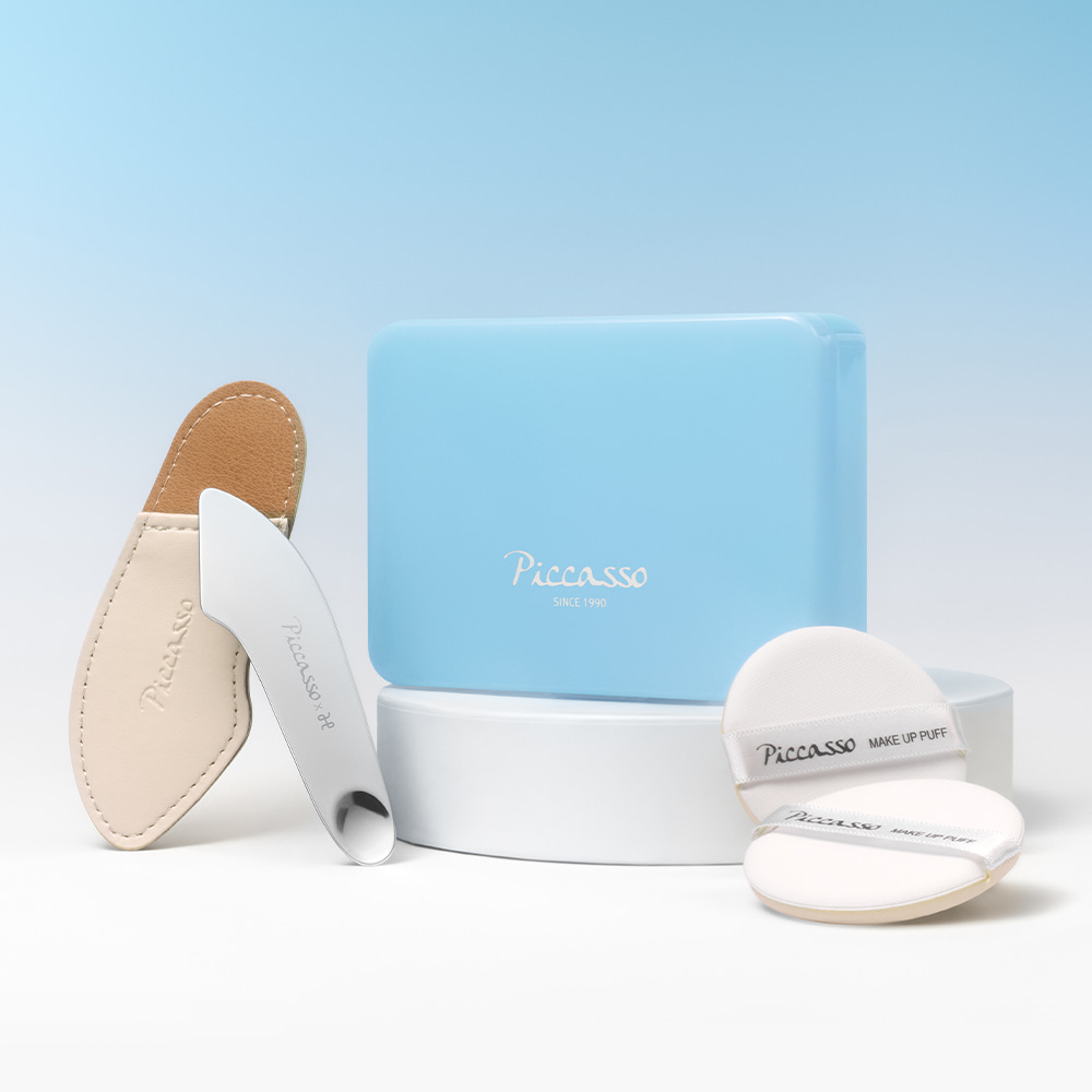 韓國 Piccasso 2 In 1 Base Set (2 Way Spatula + 2 Air Puffs + Case) 氣墊友好2 Way 粉底刮刀 + 粉撲 x 2 連收納盒 優惠套裝