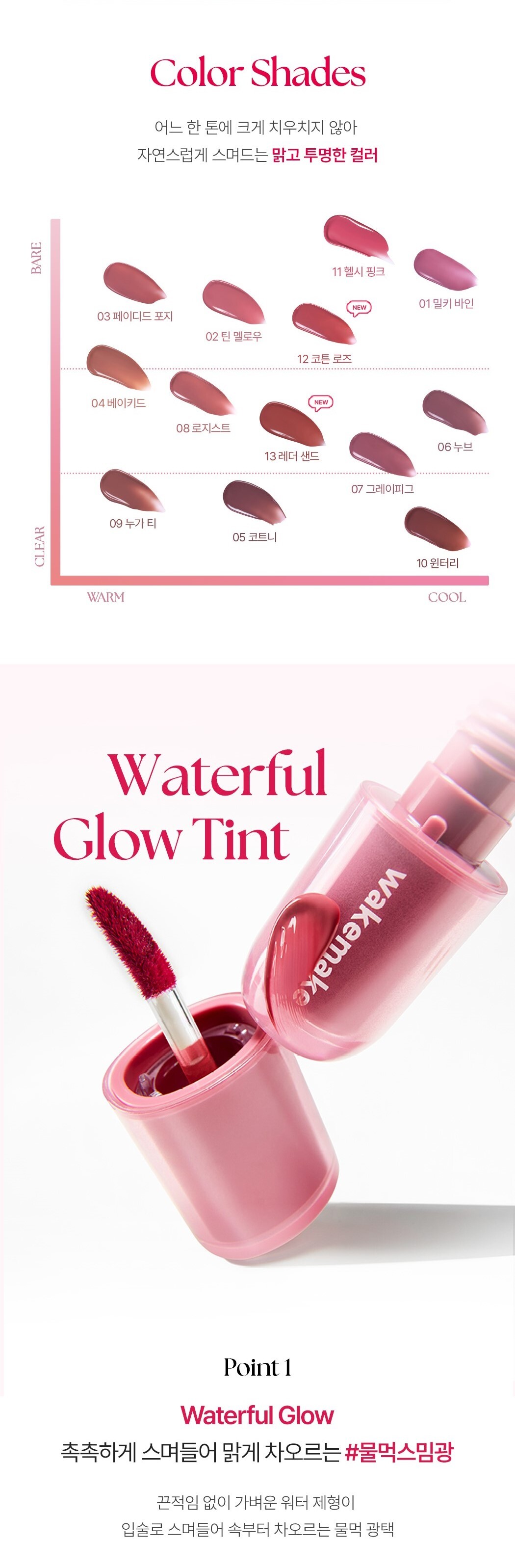 RoseBang系列新色入！韓國 WakeMake Waterful Glow Tint 露水持久光澤唇釉(#01-13) - 13色選擇
