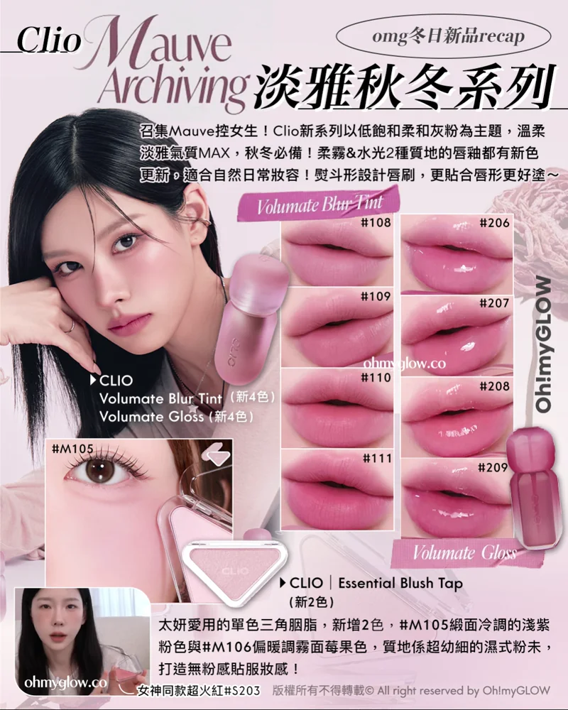 令人心動的冬日新品NOV.zip! 為年尾party做好準備 Clio Mauve omg冬日新品recap Ardhiving淡雅秋冬系列 CLIO Volumate Blur Tint (新4色) Volumate Gloss(新4色) CLIO Essential Blush Tap (新2色) Mauve Archiving系列 CLIO X 俞真 Volumate Gloss & Volumate Blur Tint 豐潤糖漿唇蜜(#201-209) & 立體柔焦霧面(#100-110) CLIO Essential Blush Tap 必備透感單色三角胭脂(啞光/透亮感2款質地)