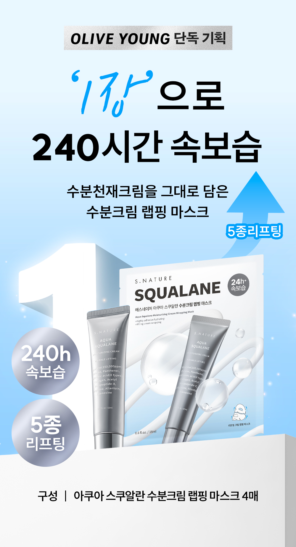 材質貼面唔黏頭髮 240小時提拉力～韓國 S.NATURE Aqua Squalane Moisturizing Cream Wrapping Mask 天然角鯊烷提拉保濕霜包覆型面膜一盒4片裝 - 2種選擇