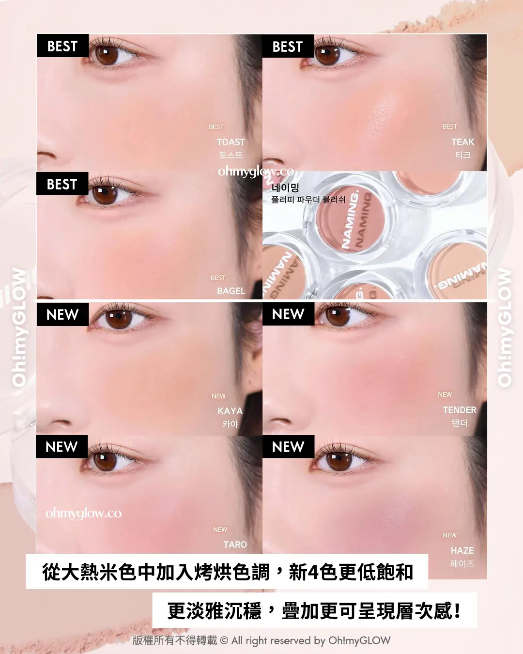 OMG限時送唇釉 NAMING. 新品來襲 爆紅烤烘色胭脂+韓國斷貨裸色唇釉 THE BEIGE PALETTE 從大熱米色中加入烤烘色調，新4色更低飽和 更淡雅沉穩，疊加更可呈現層次感！ Naming. Fluffy Powder Blush （共21色）