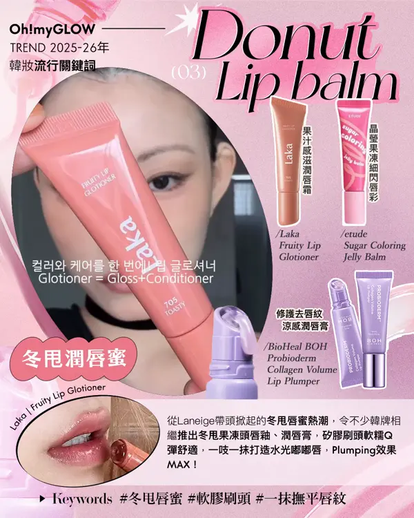 TREND 2025 韓系makeup流行關鍵詞:OMG年末總結——韓妝流量密碼 Oh!myGLOW TREND 2025-26年 韓妝流行關鍵詞 (03) Donut Lip bam 冬甩潤唇蜜 Laka Fruity Lip Glotioner etude Sugar Coloring Jelly Balm BioHeal BOH Probioderm Collagen Volume Lip Plumper