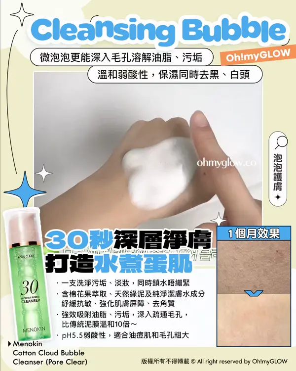 Cleansing Bubble 微泡泡更能深入毛孔溶解油脂、污垢 溫和弱酸性，保濕同時去黑、白頭 30秒深層淨膚 打造永煮蛋肌 Menokin Cotton Cloud Bubble Cleanser (Pore Clear)