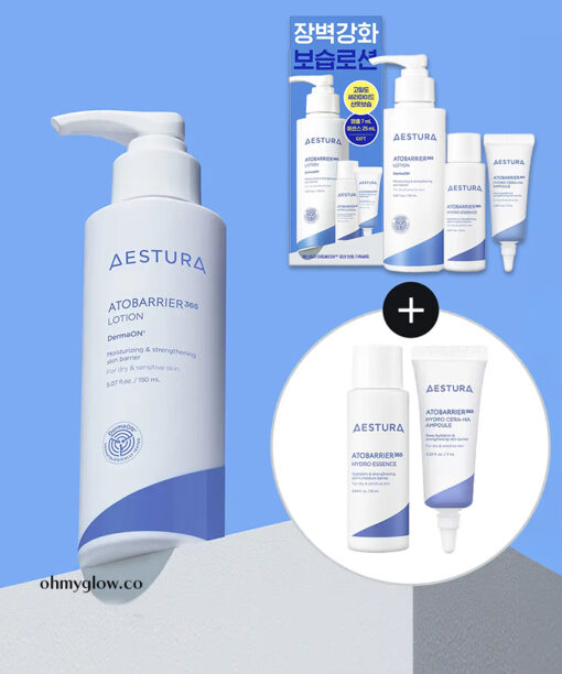 【OY套裝150ml+送精華25ml&安瓶7ml】韓國 Aestura Atobarrier 365 Lotion 150ml Set (Hydro Essence 25ml + Cera-Hyal Ampoule 7ml) 升級第2代專利神經醯胺膠囊保濕修復肌屏乳液套裝