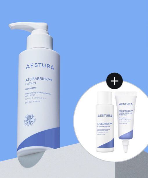【OY套裝150ml+送精華25ml&安瓶7ml】韓國 Aestura Atobarrier 365 Lotion 150ml Set (Hydro Essence 25ml + Cera-Hyal Ampoule 7ml) 升級第2代專利神經醯胺膠囊保濕修復肌屏乳液套裝