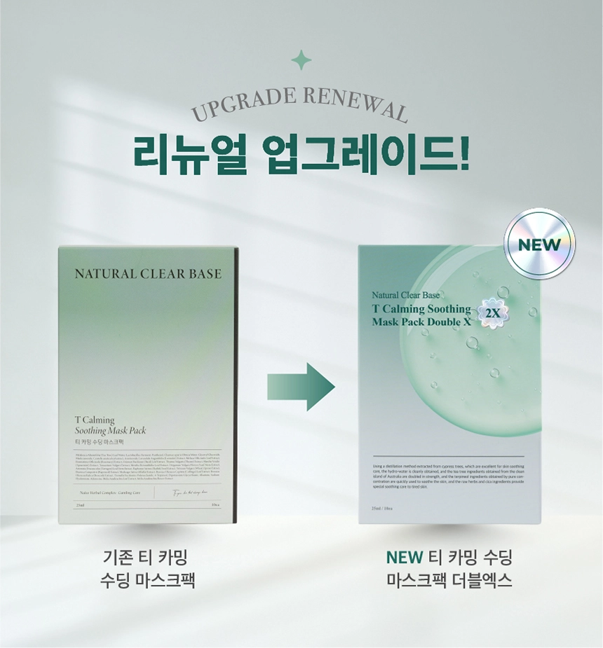 最新升級~韓國 Natural Clear Base T Calming Soothing Mask Pack Double X 有機茶樹積雪草速效舒緩鎮靜面膜 10片裝