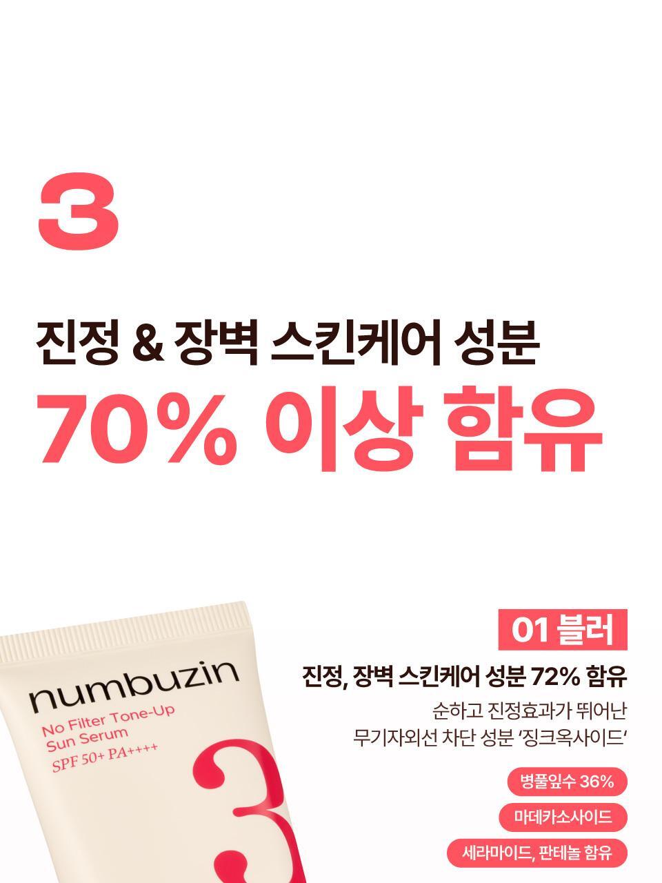 連續3年化解🏆 30秒完妝零粉感～numbuzin No.3 No Filter Tone-Up Sun Serum 防曬精華X提亮X陶瓷肌素顏霜 SPF50+ PA++++ (柔焦霧面/光澤) - 2款選擇