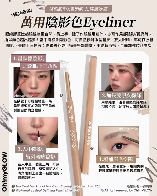 OMG實測 韓系最強眼線筆 邊支評分最高最好用 ？ 實測易畫度、防水防油度、耐摩擦度 韓妹必備 修飾眼型X畫唇線 加強層次感 萬用陰影色Eyeliner 1 Too Cool For School |Art Class Smudging Under Liner 06 2 Wakemake Real Defining Pencil Liner 04