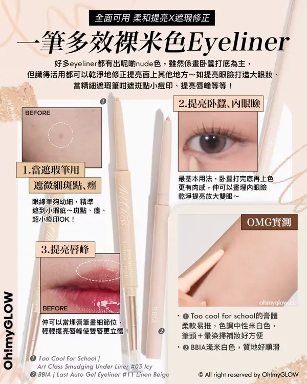 OMG實測 韓系最強眼線筆 邊支評分最高最好用 ？ 實測易畫度、防水防油度、耐摩擦度 全面可用 柔和提亮X遮瑕修正 一筆多效裸米色Eyeliner 1 Too Cool For School Art Class Smudging Under Liner 03 Icy 2 BBIA Last Auto Gel Eyeliner 11 Linen Beige