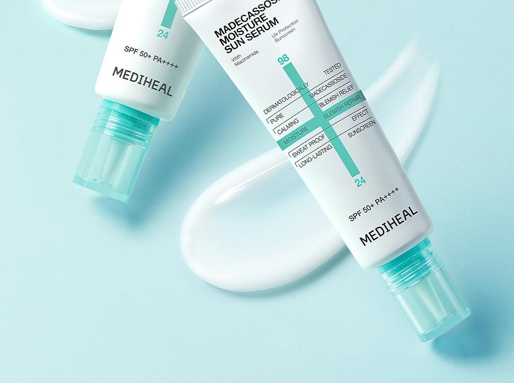【限量1+1 SET】79%精華成份！韓國 MediHeal Madecassoside Moisture Sun Serum 98%純度積雪草保濕舒緩抗汗防曬精華SPF50+ PA++++ - 3款選擇