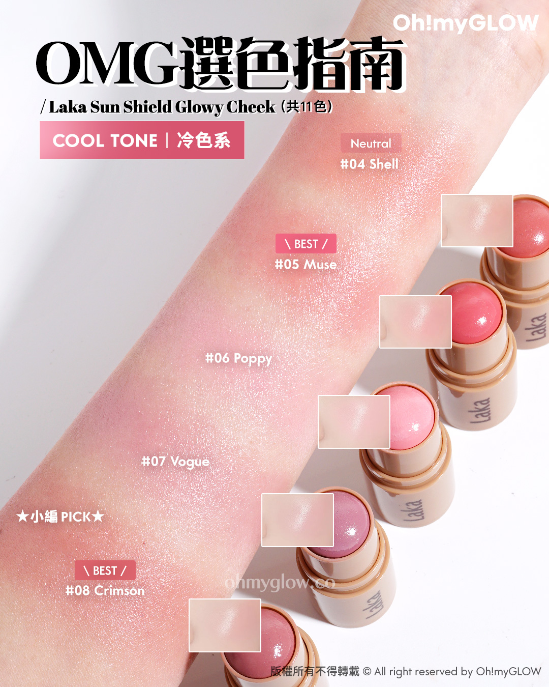 一支防曬抗UV+自然光澤好氣色 Laka防曬胭脂棒 OMG實測指南+選色推薦 購物禮遇放文末 OMG選色指南 Laka Sun Shield Glowy Cheek (共11色) COOL TONE 冷色系 小編PICK Neutral 04 Shell BEST 05 Muse 06 Poppy 07 Vogue BEST 08 Crimson