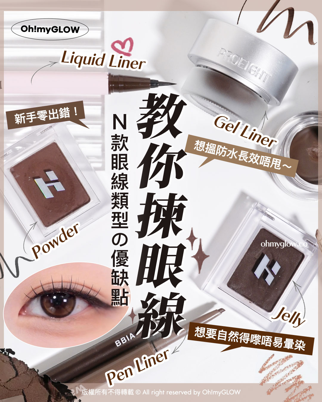 畫出韓系深邃大眼 OMG教你揀眼線 N款眼線類型の優缺點 教你揀眼線 N款眼線類型の優缺點 Powder Gel Liner Liquid Liner Pen Liner Jelly 想搵防水長效唔甩~ 新手零出錯！ 想要自然得嚟唔易暈染