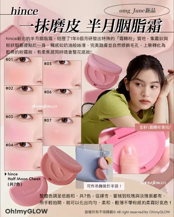 omg_June新品 hince 一抹磨皮 半月胭脂霜 hince新出的半月胭脂霜，經歷了1年6個月研發出特殊的「霜轉粉」質地，集霜狀與粉狀胭脂優點於一身，觸感如奶油般絲滑，完美融膚並自然修飾毛孔，上臉轉化為乾爽的粉霧妝，有柔焦感同時唔會整花底妝！全新霜轉粉質地 hince Half Moon Cheek （共7色） 可作吊飾掛於手袋！整體色調呈低飽和、共7色，從裸杏、蜜桃到玫瑰與淡雅紫都有， 用手輕拍開，就可以化出均勻、柔和，輕薄不帶粉感的柔霧好氣色！