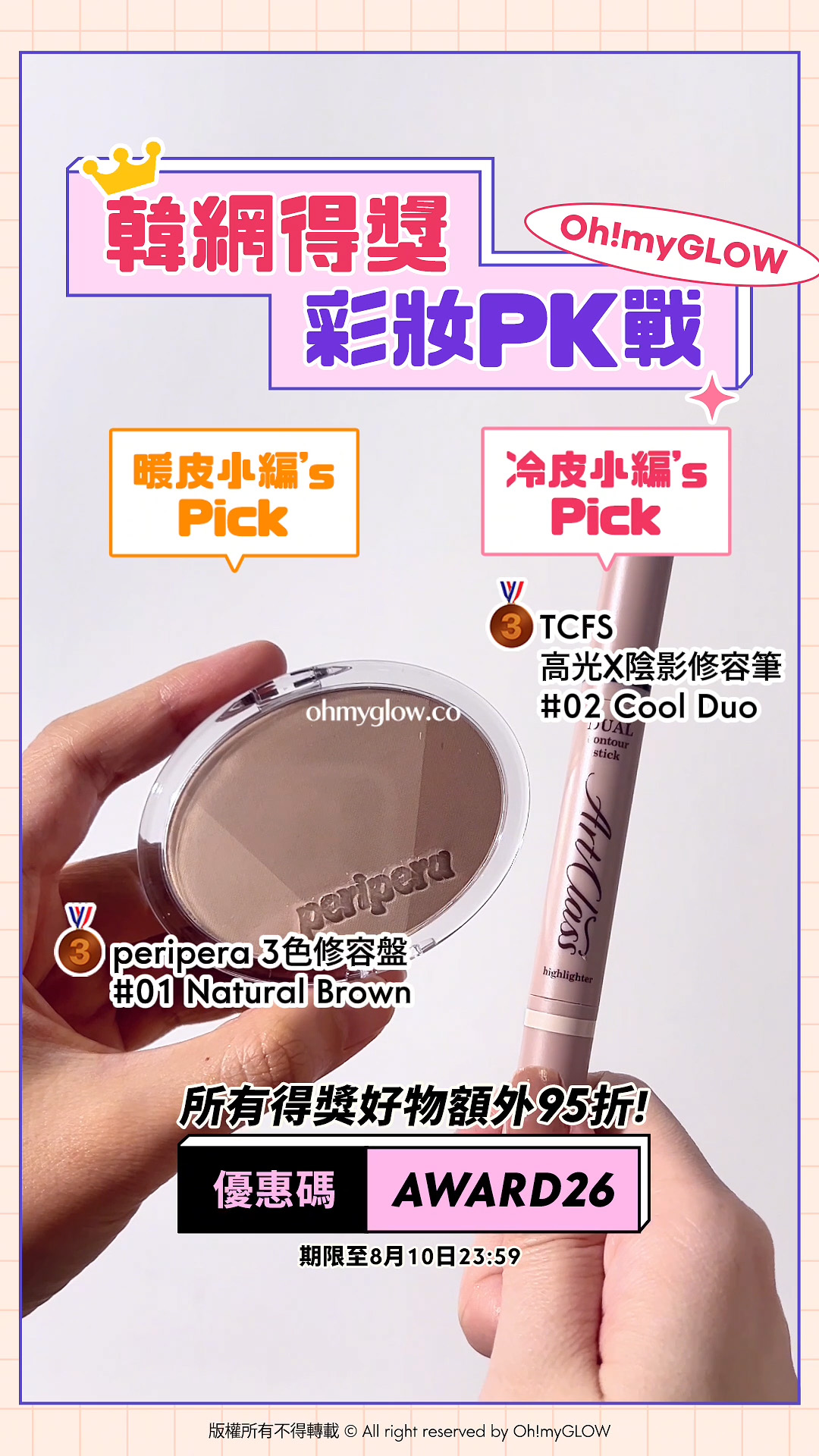 暖皮小編VS冷皮小編大PK 唔准諗即刻答系列 即用優惠碼【AWARD26】上榜好物額外95折 韓網得獎 彩妝PK戰 暖皮小編’s Pick peripera 3色修容盤 01 Natural Brown 冷皮小編’s Pick TCFS 高光X陰影修容筆 02 Cool Duo