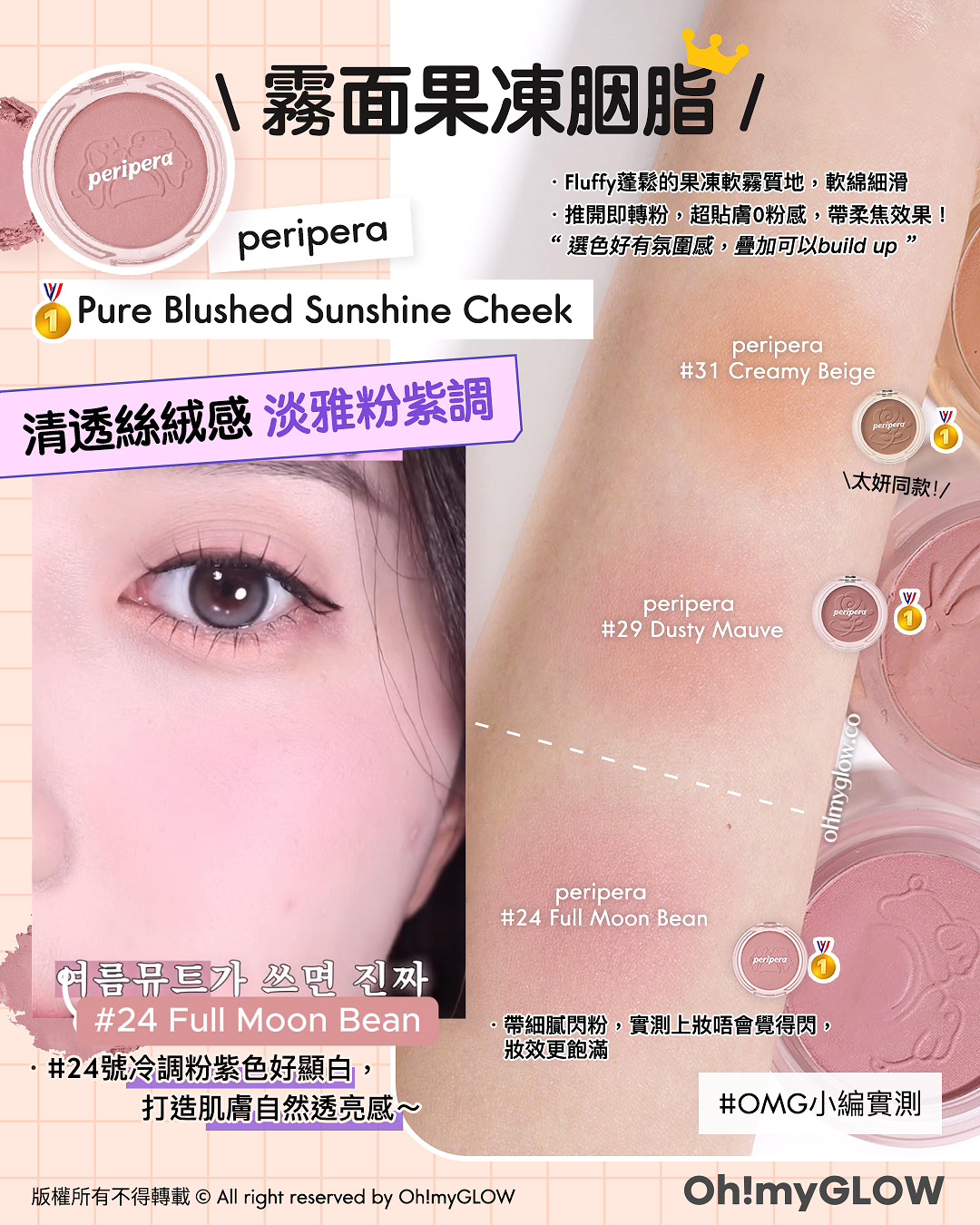 含金量滿滿 OMG一口氣實測晒10幾款 得奬韓牌胭脂s 智秀同款胭脂霜 果凍/粉狀/液態胭脂全部有齊 24 Full Moon Bean 清透絲絨感 淡雅粉紫調 帶細膩閃粉，實測上妝唔會覺得閃，妝效更飽滿 24號冷調粉紫色好顯白，打造肌膚自然透亮感～