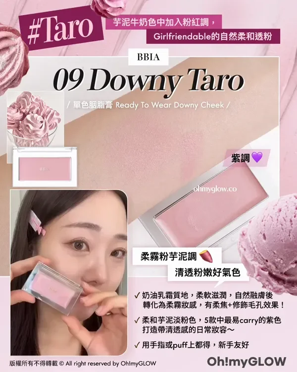 紫色胭脂又點止一種 粉嫩顯白仙氣紫.zip 盤點淺皮女減齡神器 溫柔無害軟萌感有 Taro 芋泥牛奶色中加入粉紅調, Girlfriendable的自然柔和透粉 BBIA 09 Downy Taro 單色胭脂膏 Ready To Wear Downy Cheek 紫調 柔霧粉芋泥調 清透粉嫩好氣色 奶油乳霜質地,柔軟滋潤,自然融膚後 轉化為柔霧妝感,有柔焦+修飾毛孔效果! 柔和芋泥淡粉色,5款中最易carry的紫色 打造帶清透感的日常妝容~ 用手指或puff上都得,新手友好 版權所有不得轉載 © All right reserved by Oh!myGLOW Oh!myGLOW