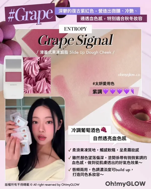 紫色胭脂又點止一種 粉嫩顯白仙氣紫.zip 盤點淺皮女減齡神器 溫柔無害軟萌感有 Grape 深鬱的復古紫紅色,營造出微薩、冷艷、 通透血色感,特別適合秋冬妝容 ENTROPY Grape Signal 滑蓋式果凍胭脂 Slide Up Dough Cheek 太妍愛用色 紫調 冷調葡萄酒色 自然透亮血色感 4075C GRAPE SIGNAL 染滑果凍質地,觸感軟糯,呈柔霧妝感 雖然顏色望落偏深,塗開係帶有微微紫調的 血色感,做到從肌膚透出的好氣色效果~ 唇類兩用,色調濃淡度可build up, 打造同色系妝容~ 版權所有不得轉載 © All right reserved by Oh!myGLOW Oh!myGLOW