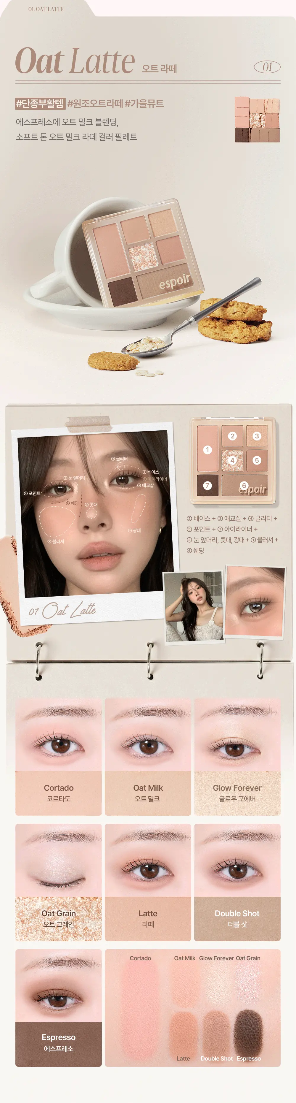 韓國 espoir☕ 經典燕麥Latte系列回歸~espoir Easy Wear Eye Palette 日常實用7色眼影X胭脂X修容綜合眼影盤(#01-03) - 3色選擇