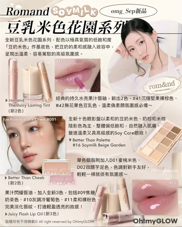 omg_Sep新品 Romand SOYMILK 豆乳米色花園系列 全新豆乳米色花園系列,配色以極具氣質的低飽和度 「豆奶米色」作基底色,把豆奶的柔和感融入妝容中, 呈現出溫柔、容易駕馭的高級氛圍感。 romand The Juicy Lasting Tint (新2色) 42 經典的持久水亮果汁唇釉,新出2色,41沉穩堅果裸棕色、 42無花果色豆乳色,溫柔偽素顏氛圍感必備~ romand Better Than Cheek (新2色) Eye Palette 16 + Cheek D01 Cheek D02 單色胭脂則加入D01蜜桃米色、 D02微醺芋泥色,色調對新手友好, 輕輕一掃就很有氛圍感~ Better Than Palette 16 Soymilk Beige Garden 全新十色眼影盤以柔和的豆奶米色、奶棕和米棕 陰影色為主,整體偏低飽和,自然融入肌膚, 營造溫柔又具高級感的Soy Core眼妝! Juicy Flash Lip Oil (新3色) rom&nd SOYMILK SERIES 果汁閃耀唇油,加入全新3色,包括09焦糖 奶茶色、10灰調冷葡萄色、11柔和裸粉色, 完美淡化唇紋,打造輕盈透亮的妝感!