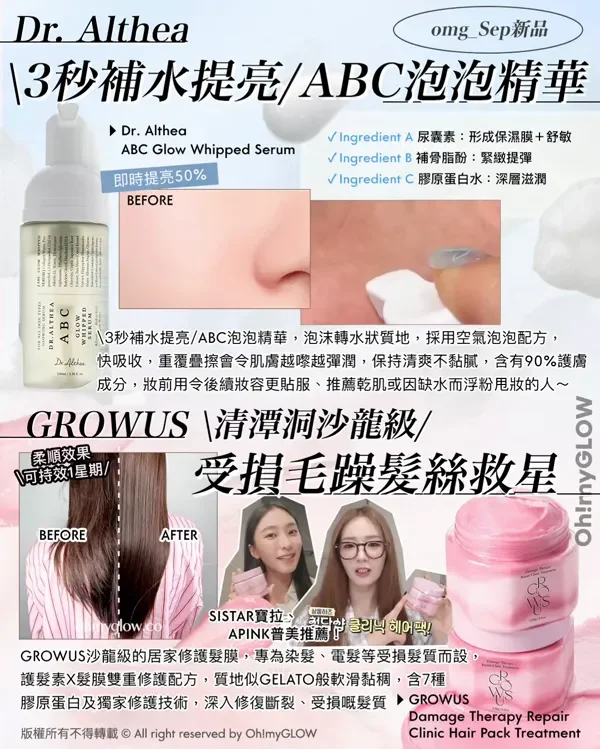 omg_Sep新品 Dr. Althea 3秒補水提亮ABC泡泡精華 Dr. Althea ABC Glow Whipped Serum 即時提亮50% BEFORE AFTER Ingredient A 尿囊素:形成保濕膜+舒敏 Ingredient B 補骨脂:繁緻提彈 Ingredient C 膠原蛋白水:深層滋潤 3秒補水提亮ABC泡泡精華,泡沫轉水狀質地,採用空氣泡泡配方, 快吸收,重覆疊擦曾令肌膚越嚟越彈潤,保持清爽不黏膩,含有90%護兩 成分,妝前用令後續妝容更貼服、推薦乾肌或因缺水而浮粉甩妝的人~ GROWUS 清潭洞沙龍級 桑順效果 可持效1星期 受損毛躁髮絲救星 BEFORE AFTER SISTAR寶拉、 APINK普美推薦! GROWUS沙龍級的居家修護髮膜,專為染髮、電髮等受損髮質而設, 護髮素X髮膜雙重修護配方,質地似GELATO般軟滑黏稠,含7種 膠原蛋白及獨家修護技術,深入修復斷裂、受損嘅髮質 GROWUS Damage Therapy Repair Clinic Hair Pack Treatment 版權所有不得轉載 © All right reserved by Oh!myGLOW