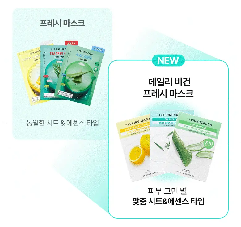 韓國 Bring Green Daily Vegan Fresh Mask(Aloe Squalane/ Tea Tree Cica / Super Lemon Glutathione) 日常純素面膜(蘆薈/茶樹/穀胱甘肽) - 3種選擇