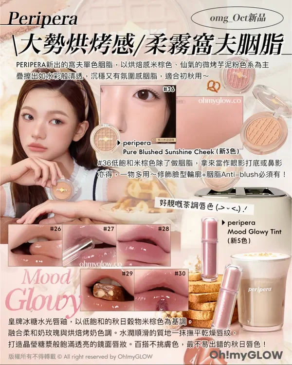 omg_Oct新品 Peripera 大勢烘烤感 柔霧窩夫胭脂 PERIPERA新出的窩夫單色胭脂，以烘焙感米棕色、仙氣的微烤芋泥粉色系為主 疊擦出如水彩股清透，沉穩又有氛圍感胭脂，適合初秋用～ peripera Pure Blushed Sunshine Cheek (新3色) 36低飽和米棕色除了做胭脂，拿來當作眼影打底或鼻影亦得，一物多用～修飾臉型輪廓＋胭脂Anti-blush必須有！ 26 27 28 好靚嘅茶調唇色！ peripera Mood Glowy Tint（新5色） Mood Glowy 29 30 皇牌冰糖水光唇釉，以低飽和的秋日穀物米棕色為基調， 融合柔和奶玫瑰與烘焙烤奶色調。水潤順滑的質地一抹撫平乾燥唇紋， 打造晶瑩糖獎船飽滿透亮的鏡面唇妝。百搭不挑膚色，最不易出錯的秋日唇色！ 版權所有不得轉載 © All right reserved by Oh!myGLOW