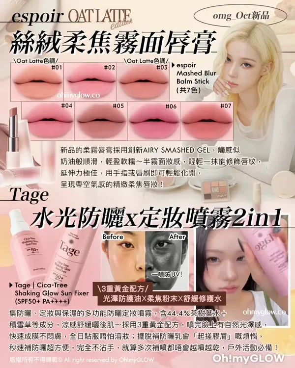 omg_Oct新品 espoir OAT LATTE edition 絲絨柔焦霧面唇膏 espoir Mashed Blur Balm Stick（共7色） Oat Latte 色調 01 02 Oat Latte 色調 03 04 05 06 07 新品的柔霧唇膏採用創新AIRY SMASHED GEL，觸感似 奶油般順滑，輕盈軟糯～半霧面妝感，輕輕一抹能修飾唇紋， 延伸力極佳，用手指或唇刷即可輕鬆化開， 呈現帶空氣感精緻柔焦唇妝！ Tage 水光防曬x定妝噴霧2in1 一噴防UV！ Tage Cica-Tree Shaking Glow Sun Fixer (SPF50+ PA++++) 3重黃金配方 光澤防護油X柔焦粉末X舒緩修護水 集防曬、定妝與保濕的多功能防曬定妝噴霧，含44.4%茶樹葉水＋ 積雪草等成分，涼感舒緩曬後肌～採用3重黃金配方，噴完臉上有自然光澤感， 快速成膜不悶膚，全日貼服唔怕溶妝；擺脫補防曬乳會「起搓膠屑」嘅煩惱， 秒速補防曬超方便，完全不沾手，就質多次補噴都唔會越噴越乾，戶外活動必備！ 版權所有不得轉載 © All right reserved by Oh!myGLOW
