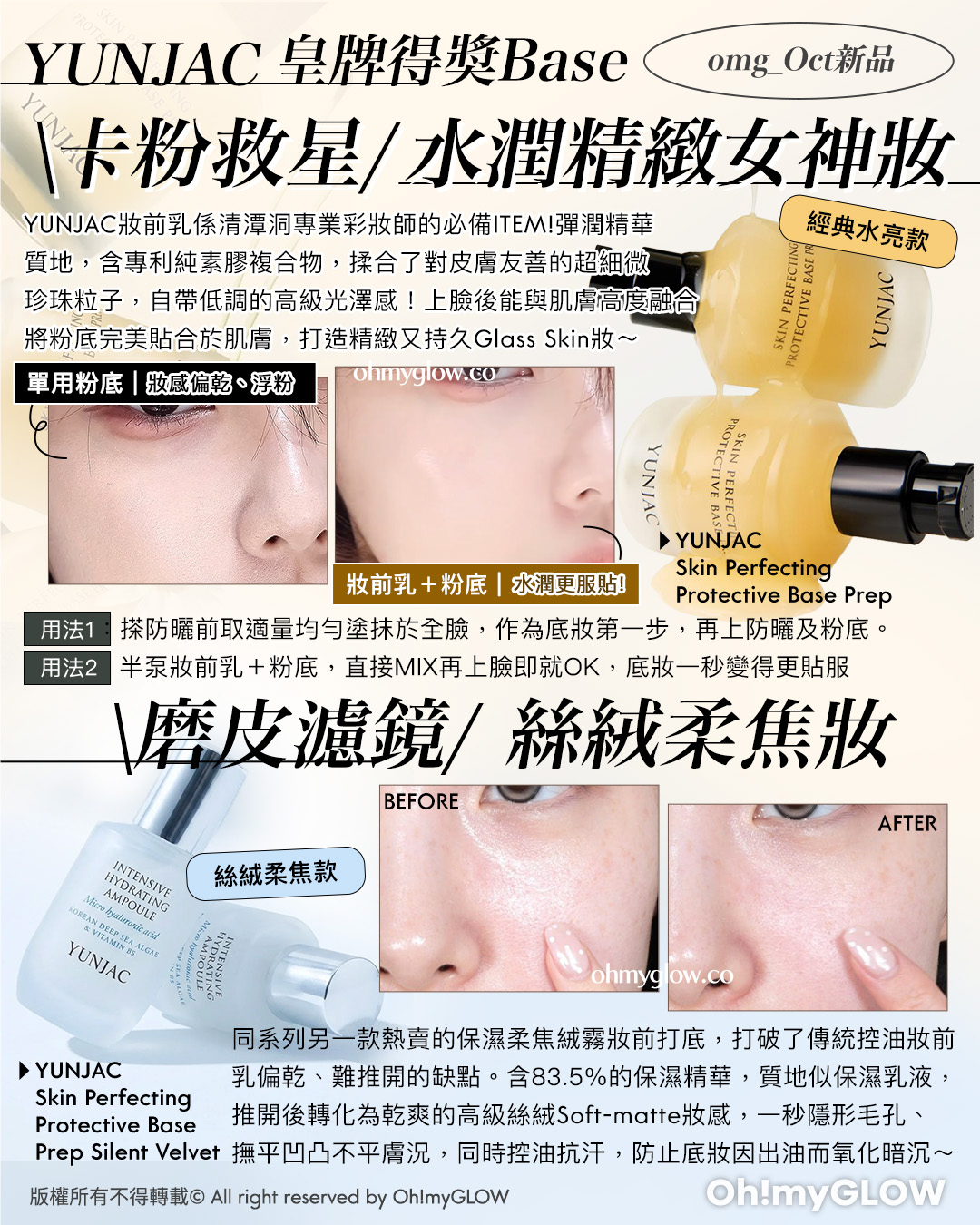 omg_Oct新品　YUNJAC 皇牌得獎Base　卡粉救星 水潤精緻女神妝　YUNJAC妝前乳係清潭洞專業彩妝師必備ITEM！彈潤精華　質地，含專利純素膠複合物，揉合了對皮膚友善的超細微　珍珠粒子，自帶低調的高級光澤感！上臉後能與肌膚高度融合　將粉底完美貼合於肌膚，打造精緻又持久Glass Skin妝～　經典水亮款　YUNJAC Skin Perfecting Protective Base Prep　單用粉底｜妝感偏乾、浮粉　妝前乳＋粉底｜水潤更服貼！　用法1：搽防曬前取適量均勻塗抹於全臉，作為底妝第一步，再上防曬及粉底。　用法2：半泵妝前乳＋粉底，直接MIX再上臉即就OK，底妝一秒變得更貼服　磨皮濾鏡 絲絨柔焦妝　絲絨柔焦款　YUNJAC Skin Perfecting Protective Base Prep Silent Velvet　同系列另一款熱賣的保濕柔焦絨霧妝前打底，打破了傳統控油妝前　乳偏乾、難推開缺點。含83.5%的保濕精華，質地似保濕乳液，　推開後轉化為乾爽的高級絲絨Soft-matte妝感，一秒隱形毛孔、　撫平凹凸不平膚況，同時控油抗汗，防止底妝因出油而氧化暗沉～ 版權所有不得轉載 © All right reserved by Oh!myGLOW