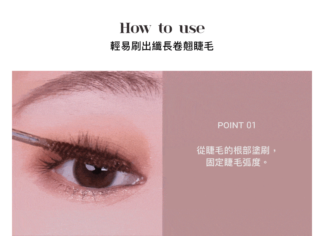 Point 1 從睫毛的根部塗刷，固定睫毛弧度。